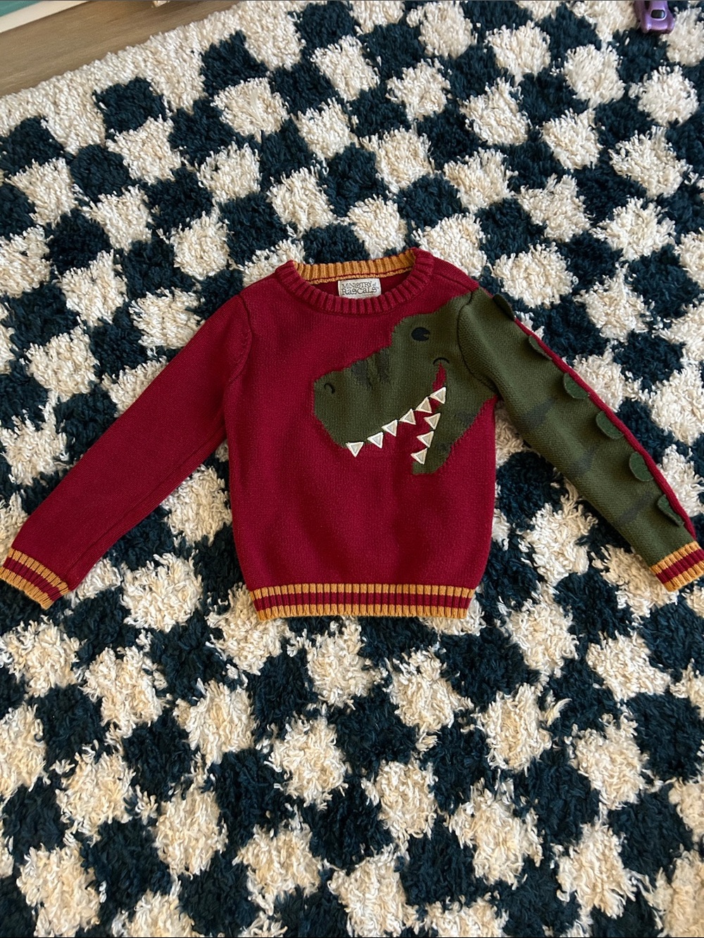 Kids Red Sweater with Olive Green Dinosaur Accent - Ministry of Rascals